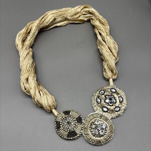 Silk Scarf Statement Necklace Beaded Applique Rhinestone Medallion Boho Luxe
